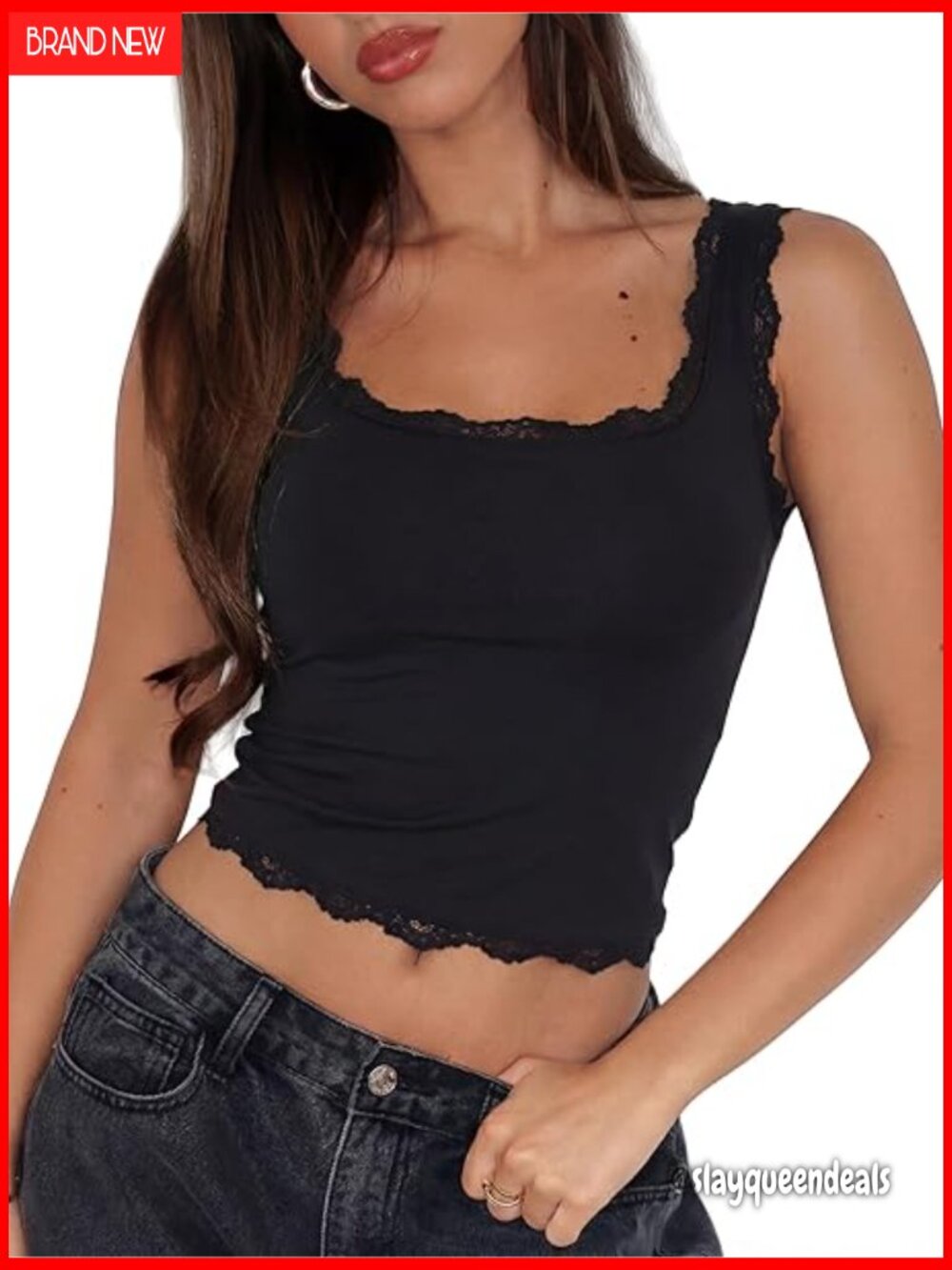 Padded Lace Crop Tank Top Square Neck Double Lined Going Out Top - Picture 1 of 7